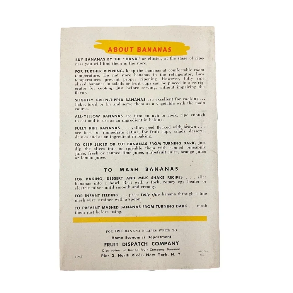 Tempting Banana Recipes‎ 1947 Pamphlet Fruit Dispatch Company